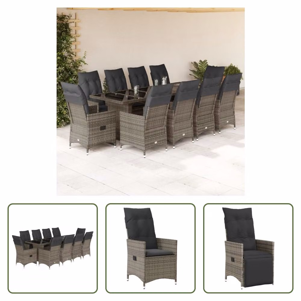 The Living Store Set bistrot da giardino 11 pezzi con cuscini in poly rattan grigio