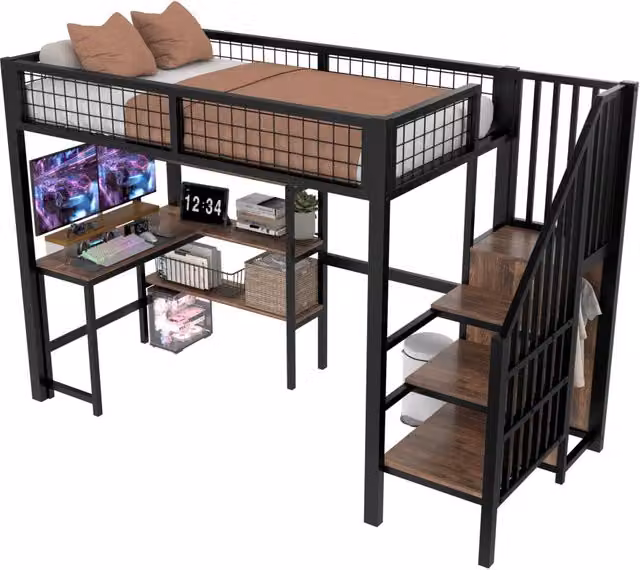 Letto a soppalco REDOM con scrivania e scala, in metallo e MDF, nero e marrone, L/P/H: 90 x 200 x 255 cm – 1