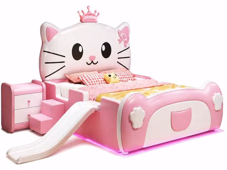 Letto a forma di rosa per bambini, con scivolo e scaletta, ideale per bambine, tema "gatto"