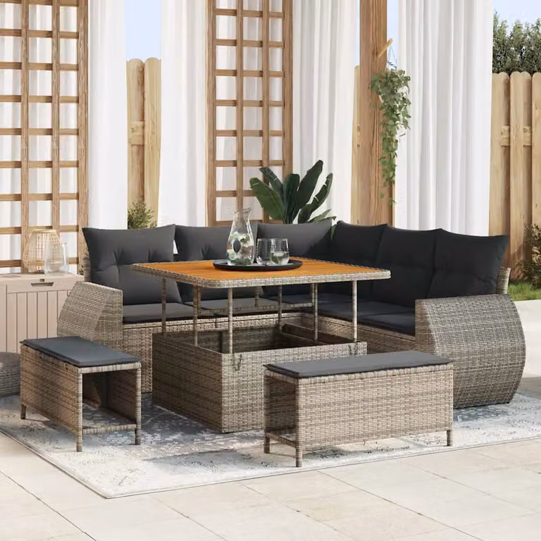 Set Divano da Giardino vidaXL a L in Polyrattan Grigio con 8 Pezzi e Cuscini