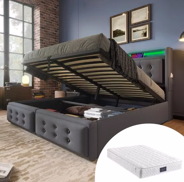 Letto imbottito 140x200 cm con LED; USB-C e contenitore; cotone e lino; grigio