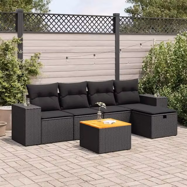 Set Divano da Giardino 6 pz con Cuscini Nero in Polyrattan 3325863