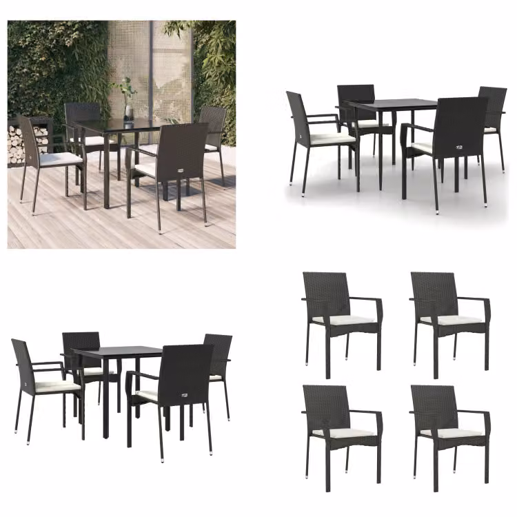 vidaXL Set da pranzo da giardino 5 pezzi con cuscini in poly rattan nero - Set da pranzo da giardino - Set da pranzo da giardino - Set da pranzo da terrazza