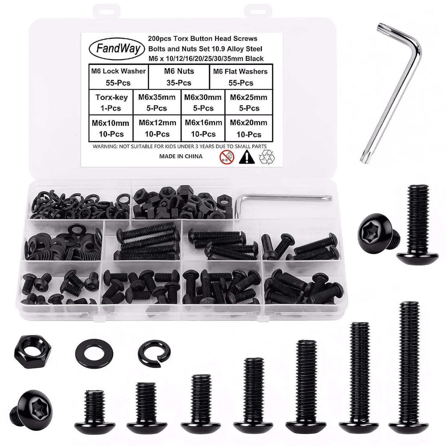 Set di viti Torx, 200 pezzi, M6, a testa esagonale, in acciaio 10.9, per montaggi meccanici