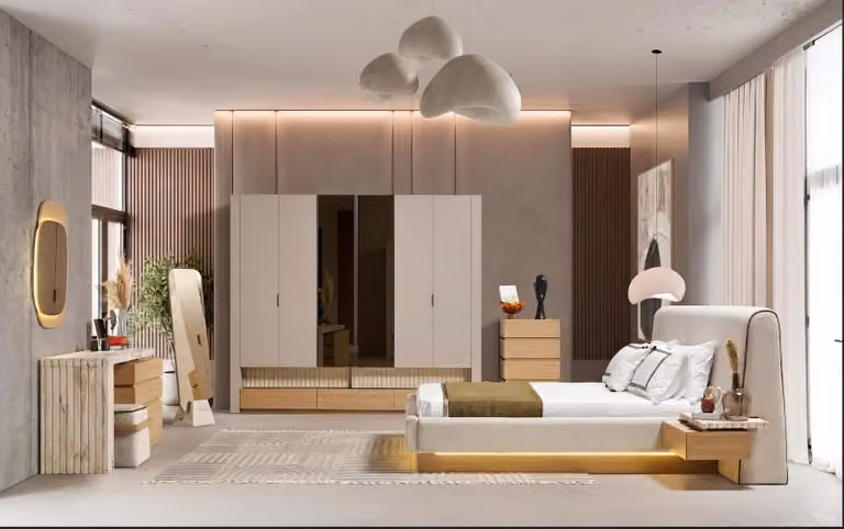Set per camera da letto: letto, armadio, comodino, specchio, pouf. Stile moderno, colore beige, design elegante