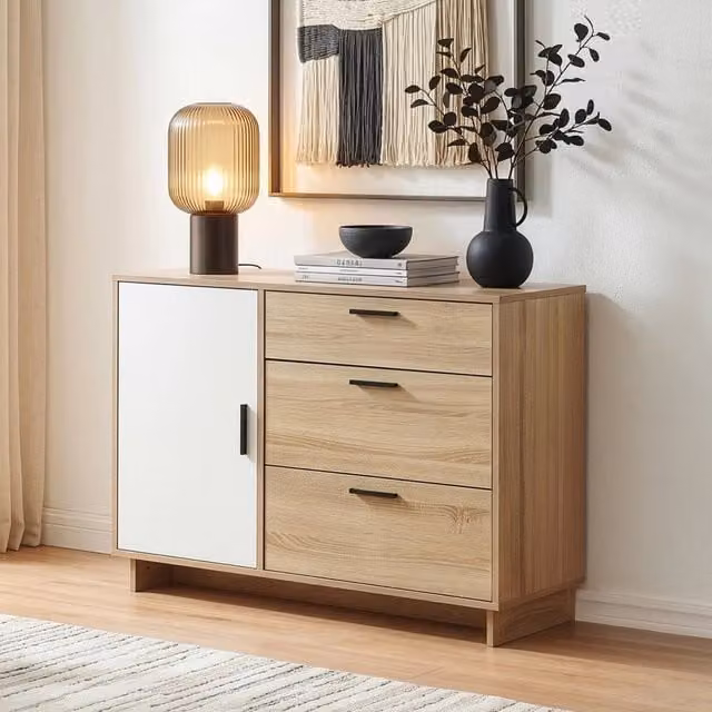 Comò Kenta en.casa con ante e cassetti, cassettiera multiuso in effetto rovere sonoma e bianco, L: 100 cm, P: 35 cm, H: 72 cm – 1