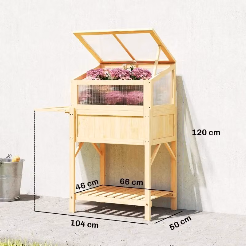 Fioriera Rialzata con Serra REDOM in Legno Naturale Beige e Marrone con Copertura Flip Top e Protezione in Policarbonato L/P/H: 104 x 50 x 120 cm – 2