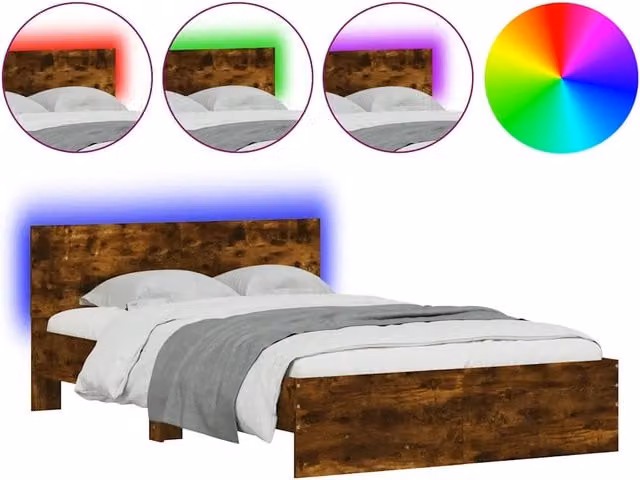 Letto matrimoniale | Letto per adulti | Giroletto con Testiera e LED Rovere Fumo 120x190 cm