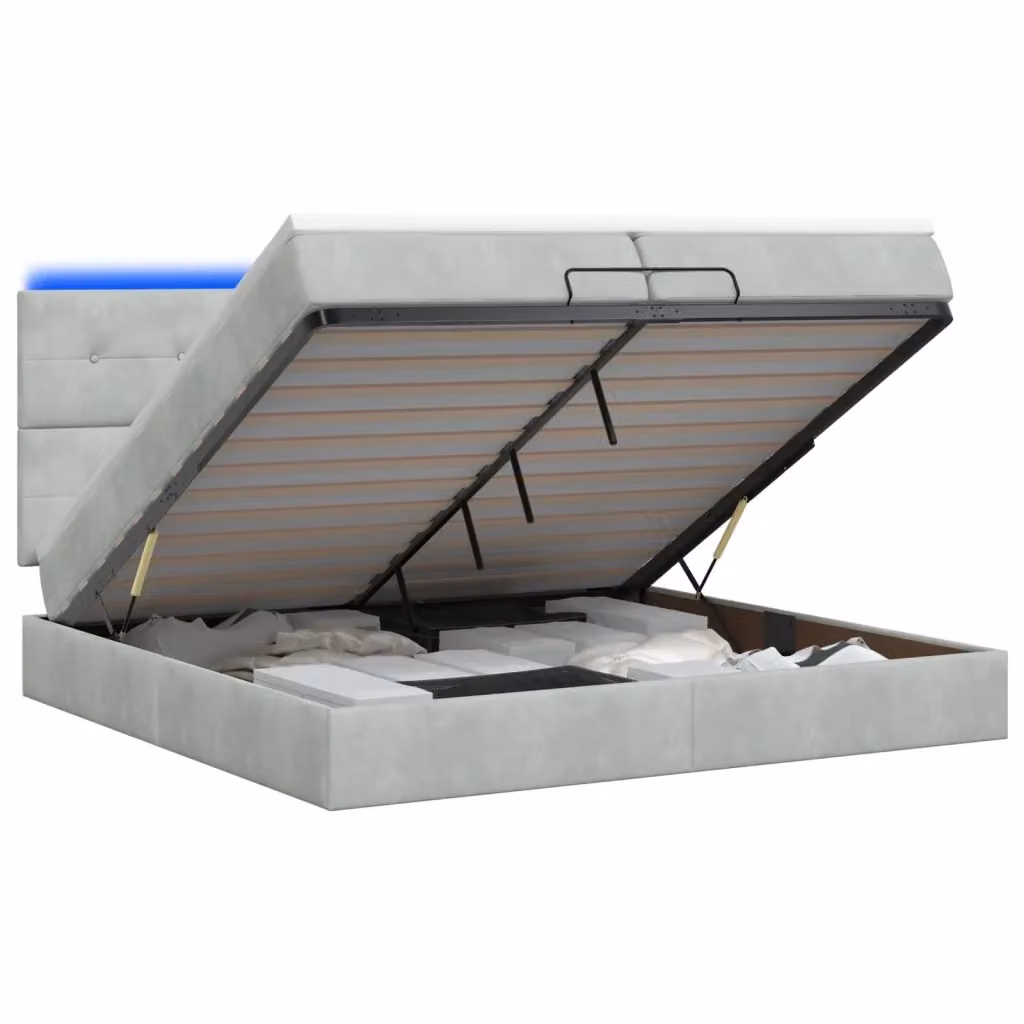 Letto Ottomano con Materasso Ibrido vidaXL in Velluto Grigio e Bianco con Illuminazione LED e Base a Sollevamento L/P/H: 200 x 200 x 40 cm – 2
