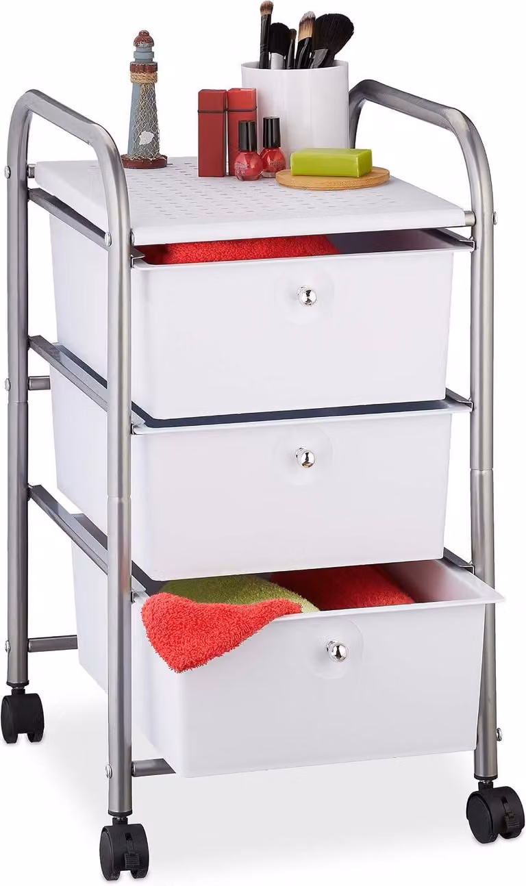 Carrello per il bagno - 3 cassetti - Metallo e plastica - Carrello portaoggetti - Cosmetici - 60 x 33 x 39 cm - Argento