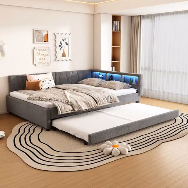Letto estraibile 140x200 cm con rete a doghe; vani alla testiera; USB e USB C; LED multicolore; lino e MDF; beige