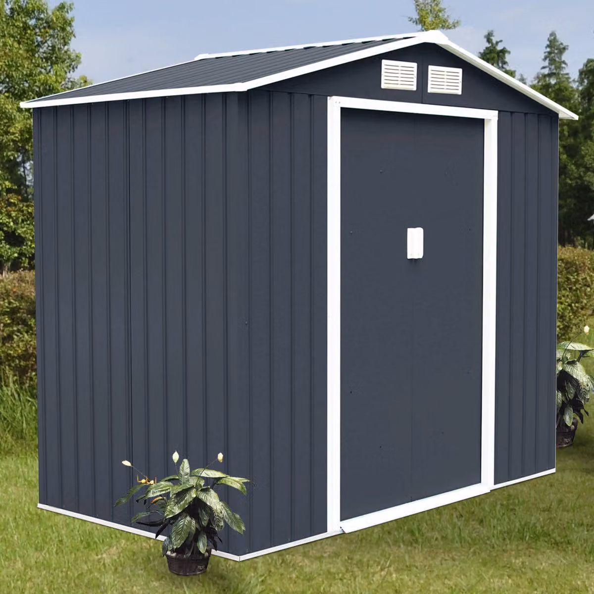 Casetta da giardino Costway in acciaio galvanizzato con pavimento e finestre, Grigio, L/P/H: 213 x 127 x 185 cm – 3