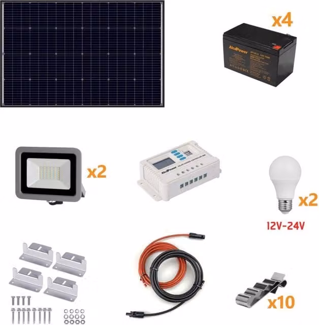 Kit Fotovoltaico a Isola ALCAPOWER 160W con Pannello Solare, Regolatore di Carica, Proiettore e Accessori Multicolore