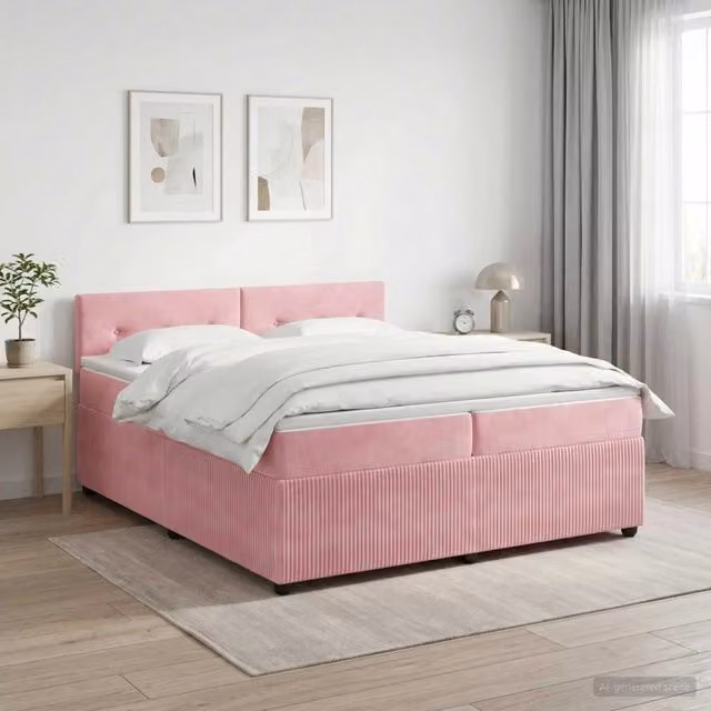 Letto box spring con materasso ibrido vidaXL in velluto rosa e bianco L/P: 200 x 200 cm