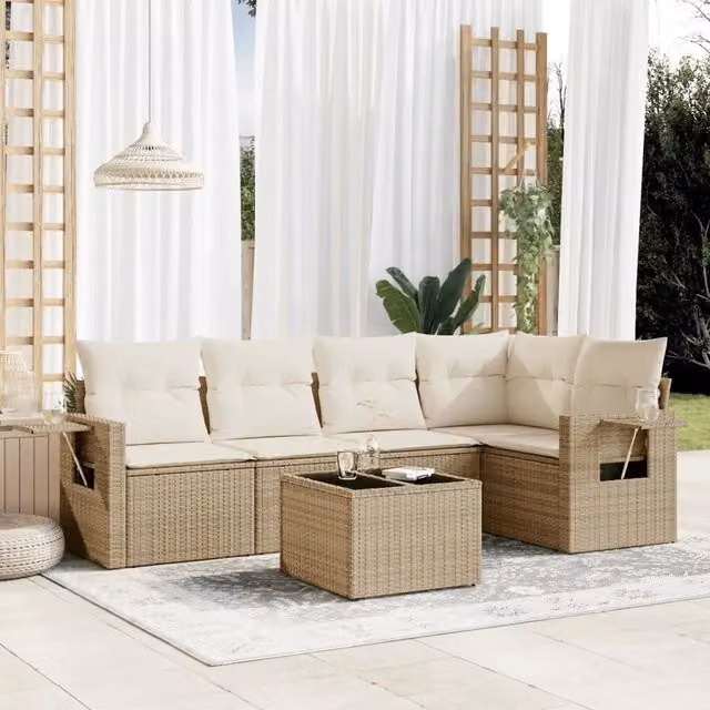 Set Divano da Giardino a L vidaXL in Polyrattan con Cuscini Beige e Tavolino da Esterno 6 Pezzi – 1