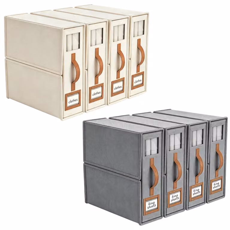Elzusha - Set di 8 scatole contenitore per lenzuola, con maniglie, beige/grigio