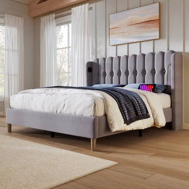 Letto imbottito 140x200 cm con USB e porta Type-C in lino grigio