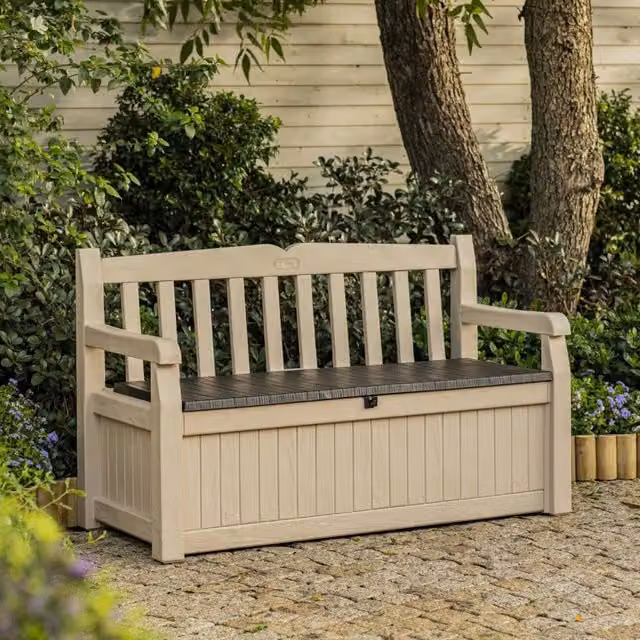 Cassapanca da esterno Chestermere DMORA, Baule e Panchina contenitore per giardino, Beige e Marrone, L: 140 cm, P: 60 cm, H: 84 cm – 1