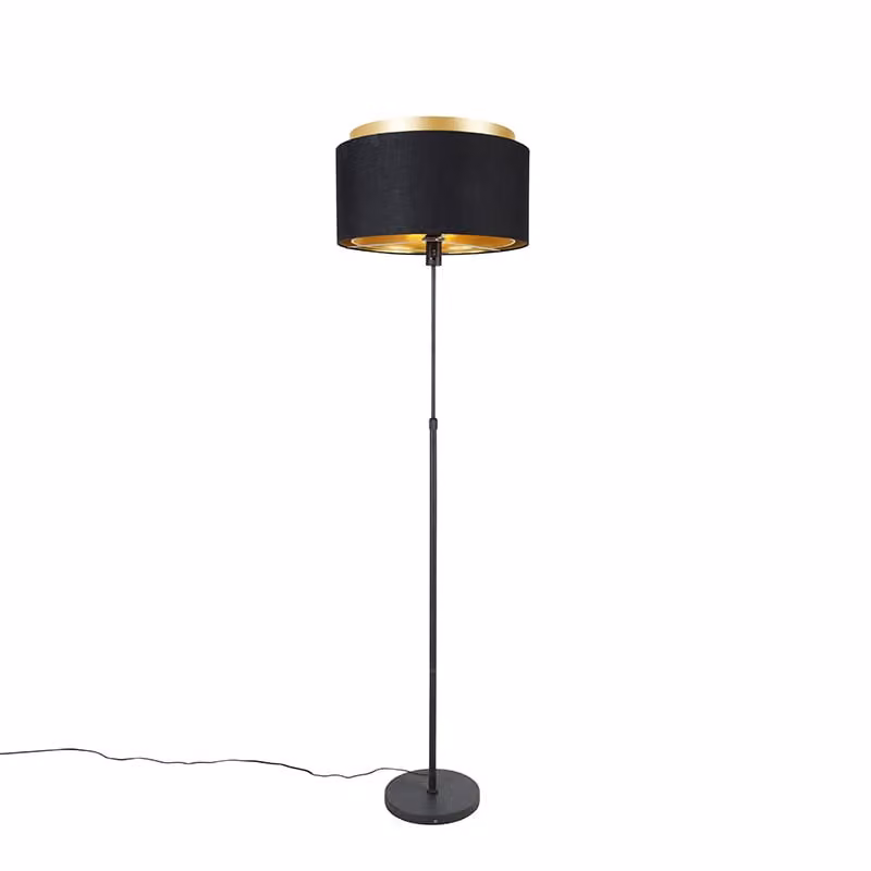 Lampada da terra moderna nera con doppio paralume dorato Parte