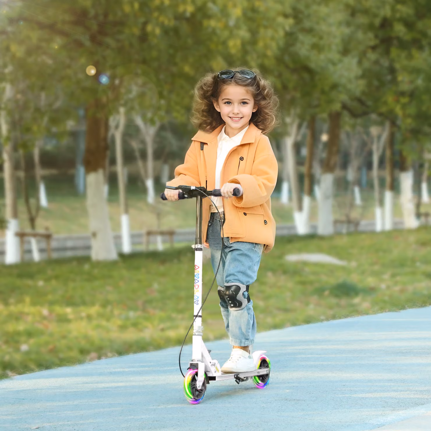 Monopattino per bambini AIYAPLAY con ruote luminose e impugnatura regolabile, pieghevole, bianco – 2