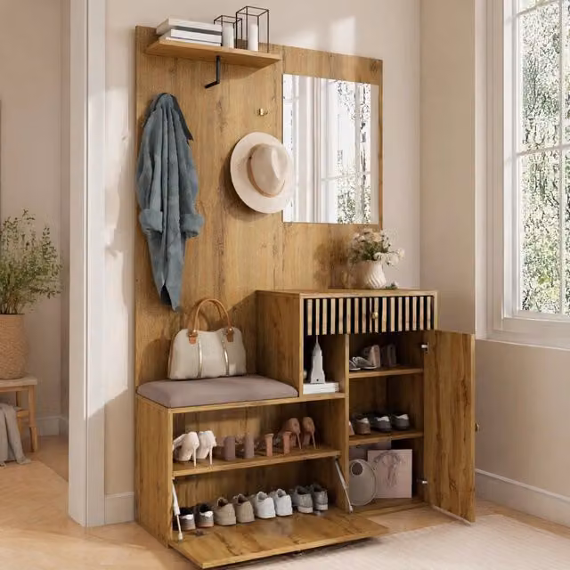 Armadio da ingresso REDOM con specchio e seduta, finitura nero e legno, L: 110 cm, P: 37 cm, H: 185,5 cm
