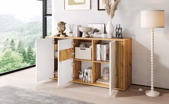 Consolle ingresso Minimal con ante Bianco rovere L: 140 cm, P: 35 cm, H: 71 cm