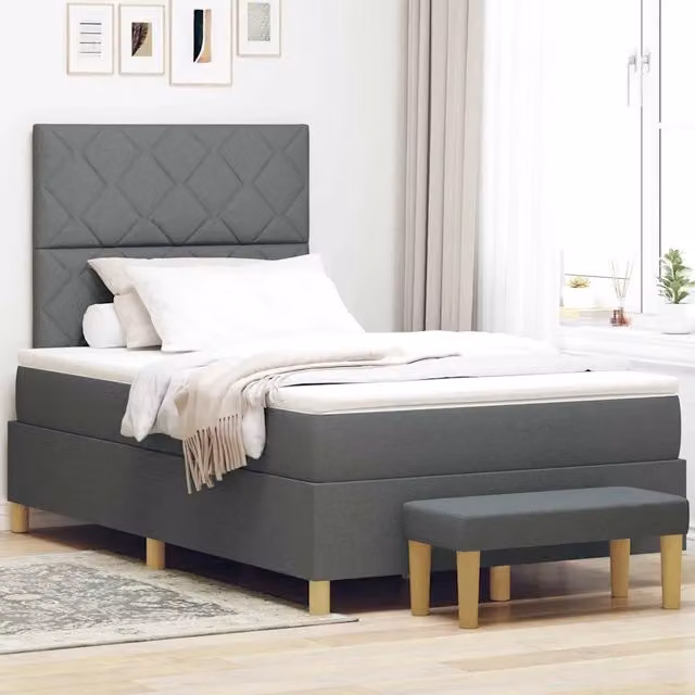 Letto contenitore moderno vidaXL in tessuto grigio con struttura in legno e schienale geometrico L/P/H: 200 x 120 x 128 cm
