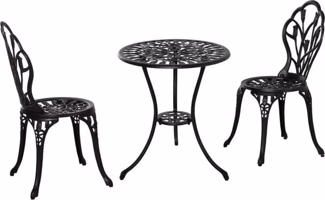 Set da pranzo per due persone Cipacho con tavolo rotondo e due sedie in alluminio nero opaco per giardino e balcone