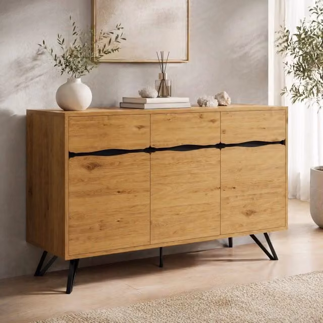 Mobile 3 ante effetto legno con gambe in metallo nero 140x40x75,5 cm per soggiorno e ingresso