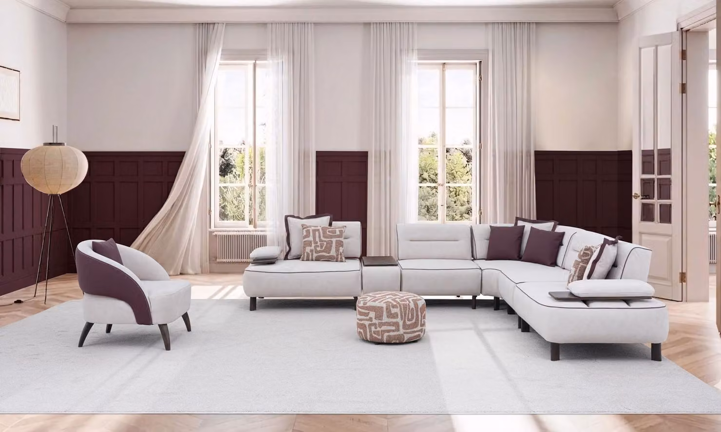 Set per soggiorno: divano angolare, poltrona, design moderno, modulare, bicolore, unico