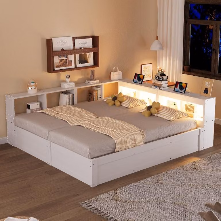 Letto contenitore divano letto 90/180 x 200 cm, bianco, con struttura in legno, dotato di luce a LED e presa di corrente, ideale per la camera da letto