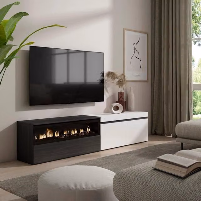 Mobile TV, 200x35x45cm, soggiorno, Per TV fino a 80", Camino elettrico, Bianco e nero RF2163