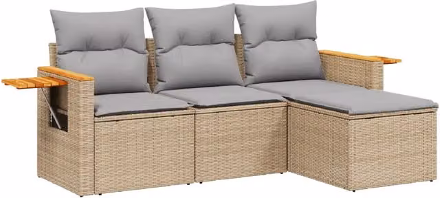 Set Divano da Giardino 4 pz | Set Salotto da Giardino con Cuscini Beige in Polyrattan