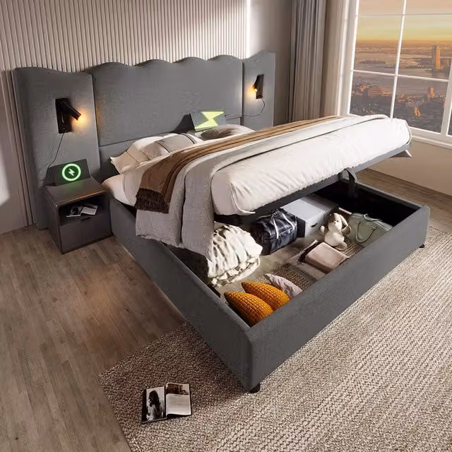Letto matrimoniale imbottito - Xylo - 160x200 cm - Grigio - Con luce lettura e USB Type-C