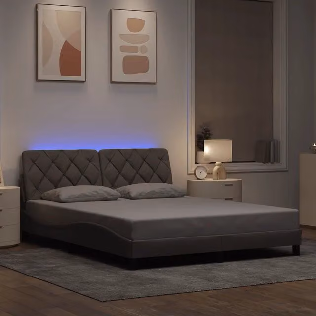 Letto con base imbottita vidaXL con illuminazione LED e porta USB, colore tortora, L/P/H: 160 x 200 x 30 cm