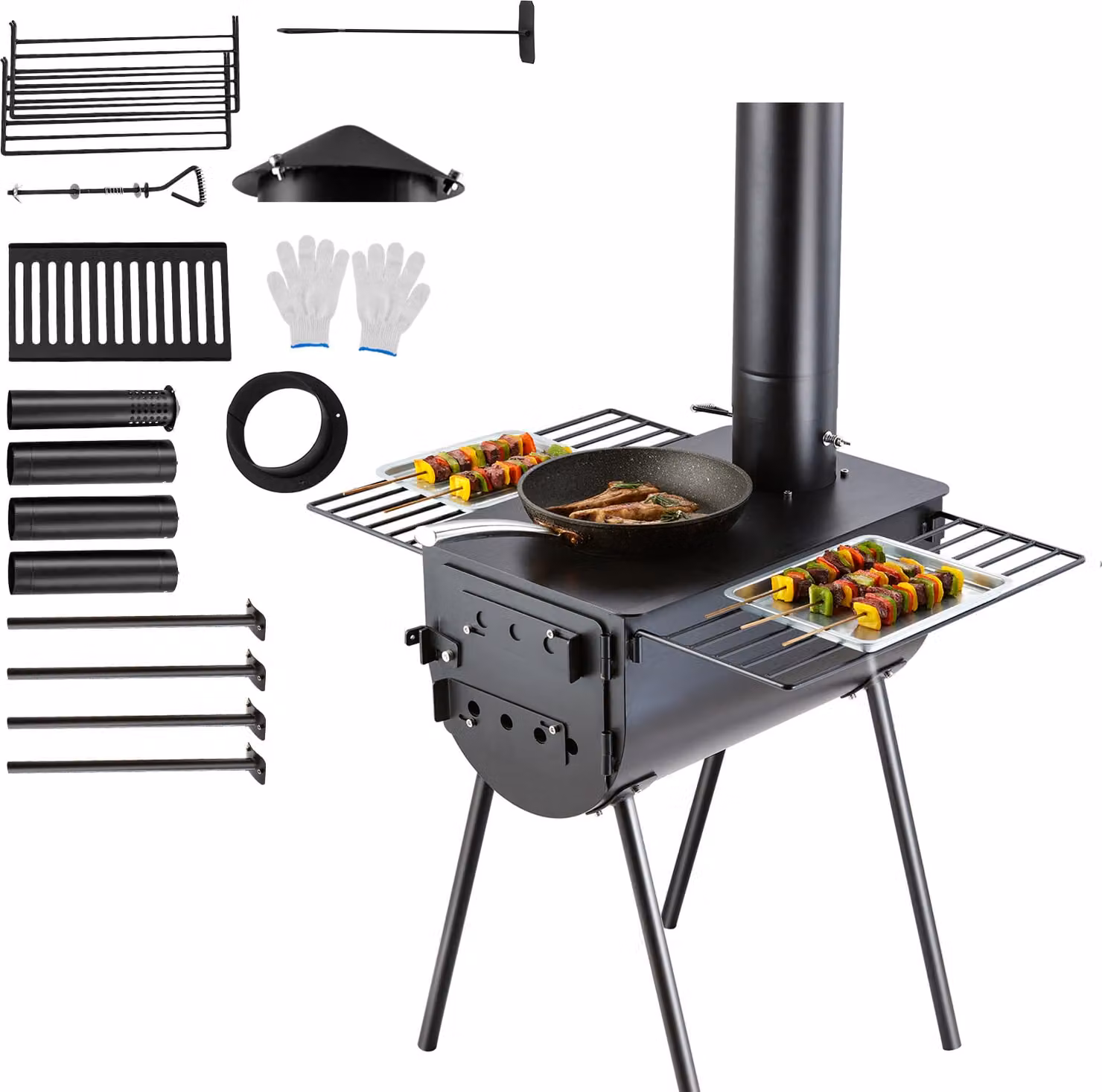 SucceBuy Stufa a legna in acciaio legato da 118", stufa portatile per tenda da campeggio con tubi per camino e guanti, focolare da 3000 in³ per cucinare e riscaldare all'aperto, incl. 8 tubi