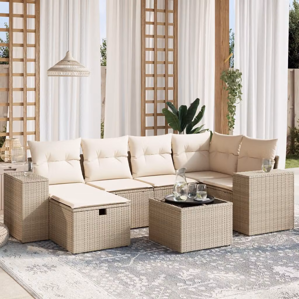 vidaXL Set Divani da Giardino 7 pz a Forma a L con Cuscini Beige e Tavolino in Polyrattan e Acciaio – 1