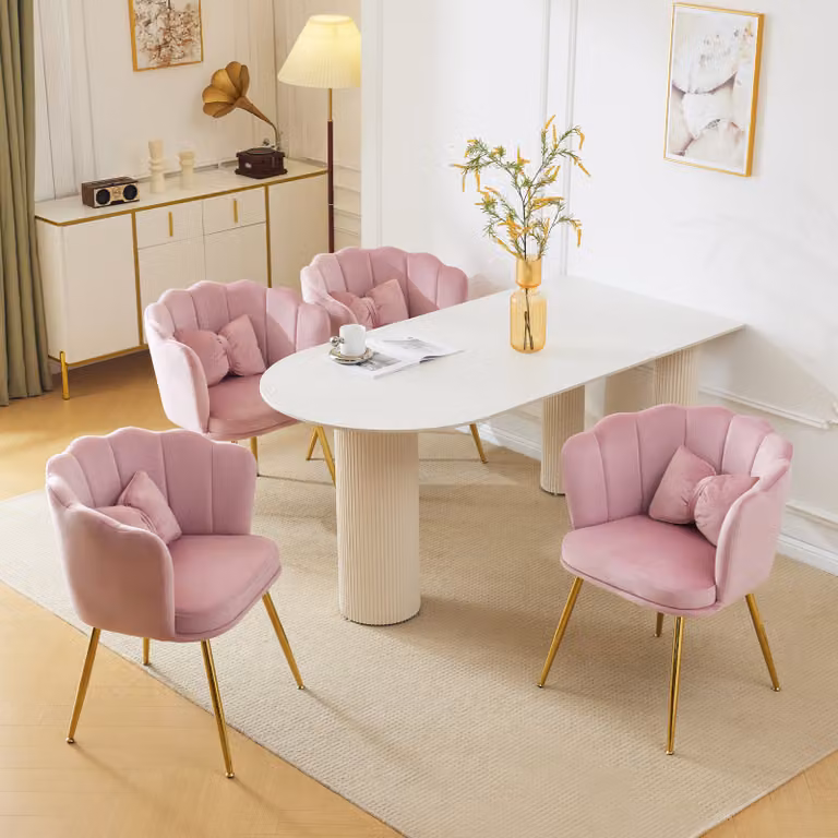 MODFU - Sedia da pranzo imbottita (set di 4) in velluto rosa, con braccioli e gambe in metallo dorato, confortevole