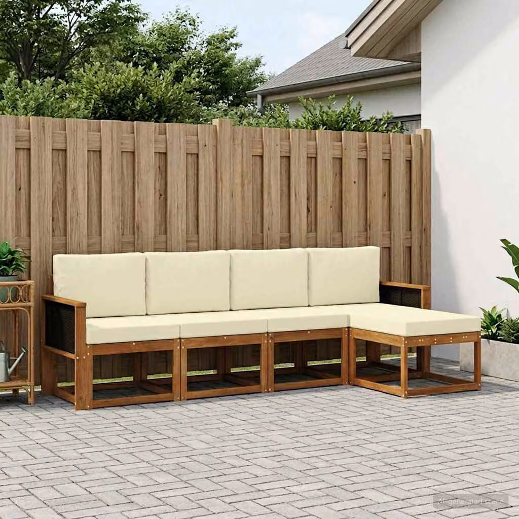 Set di divani da esterno vidaXL a forma di L in legno di acacia con pouf e cuscini, colore marrone e beige