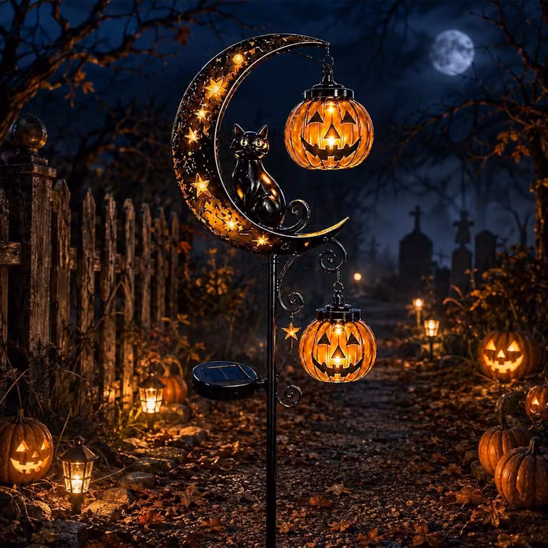 Lampada da giardino a tema Halloween, con una figura di un gatto nero e una zucca illuminata, impermeabile, ideale per la decorazione autunnale