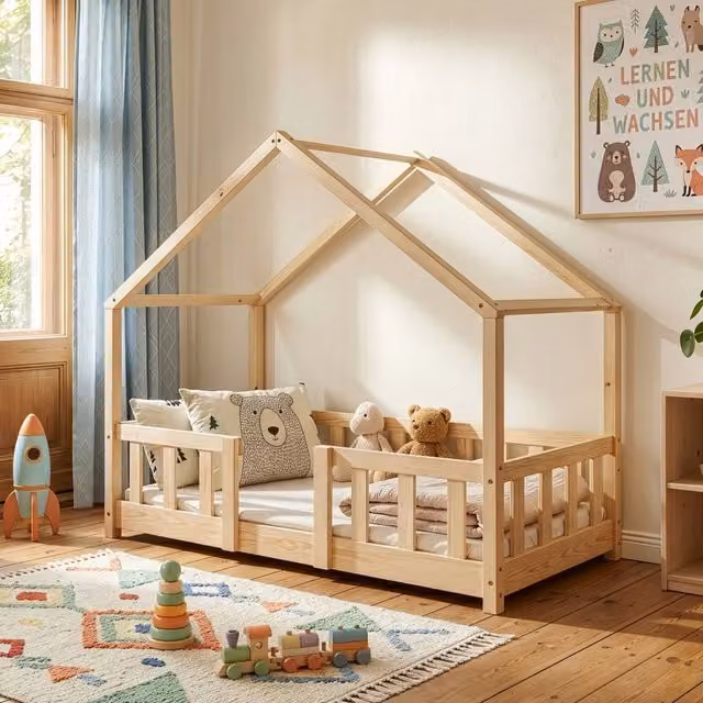 Letto per cameretta Treviolo en.casa a forma di casetta in stile Montessori in legno di pino naturale, L/P/H: 140 x 70 x 118 cm