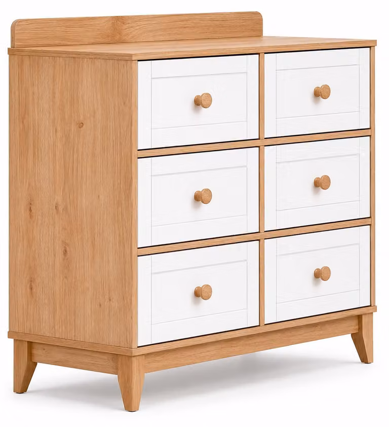Comodino moderno per cameretta, bianco e noce, con 6 cassetti, decorativo