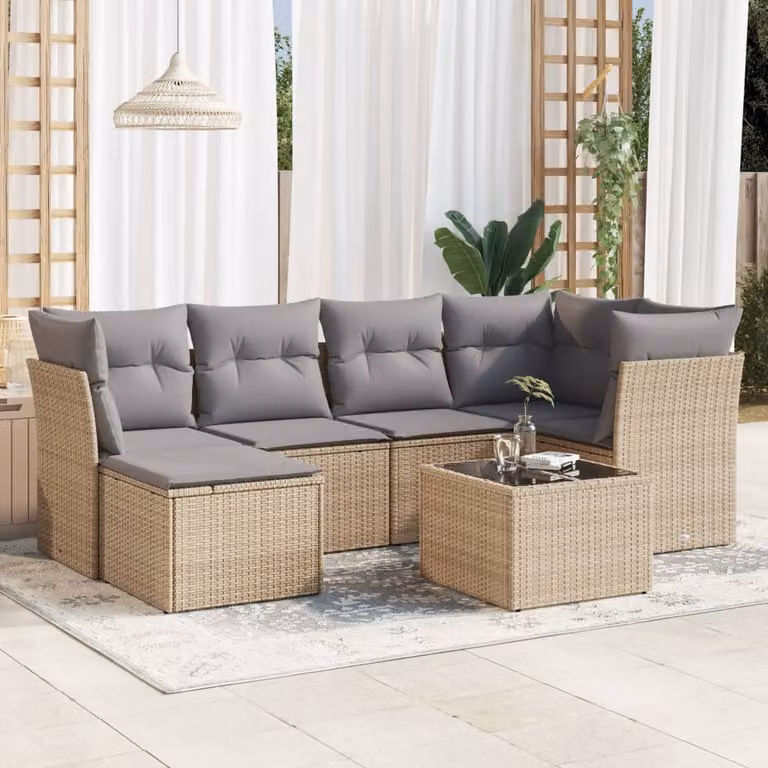 vidaXL Set Divani da Giardino 7 pz con Cuscini Beige e Grigio in Polyrattan e Acciaio Verniciato a Polvere