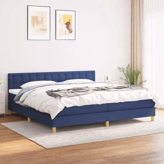 Letto Ibrido con Giroletto a Molle e Materasso vidaXL in Tessuto Blu e Bianco L/P: 200 x 200 cm