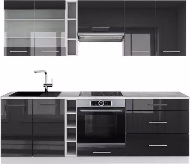Cucina componibile moderna Fame-Line Vicco colore antracite lucido e bianco con piano in marmo L: 235 cm, P: 60 cm, H: 184,8 cm – 1