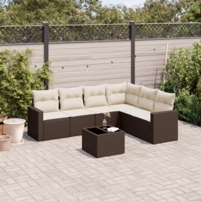 Set di divani da giardino vidaXL 7 pz a forma di L in polyrattan marrone con cuscini inclusi