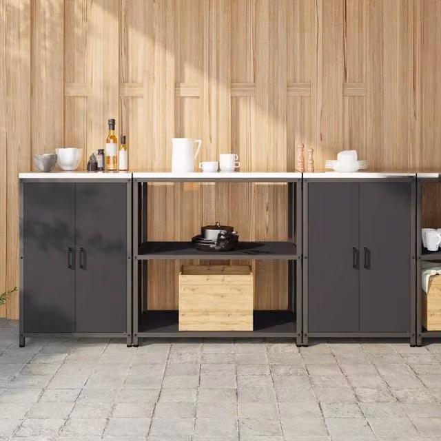 Mobile da cucina stile industrial vidaXL in metallo nero opaco con ante a battente e ripiani interni – 1