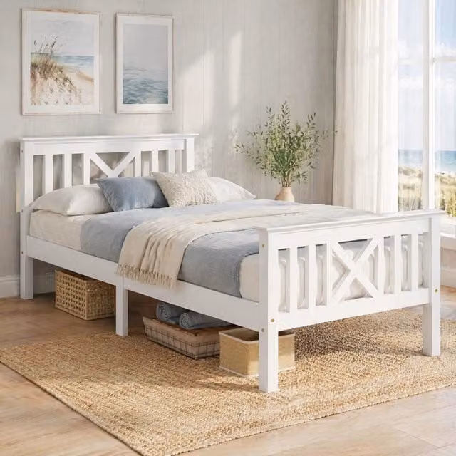 LETTO singolo 90x200 cm in legno massello bianco con testiera a X