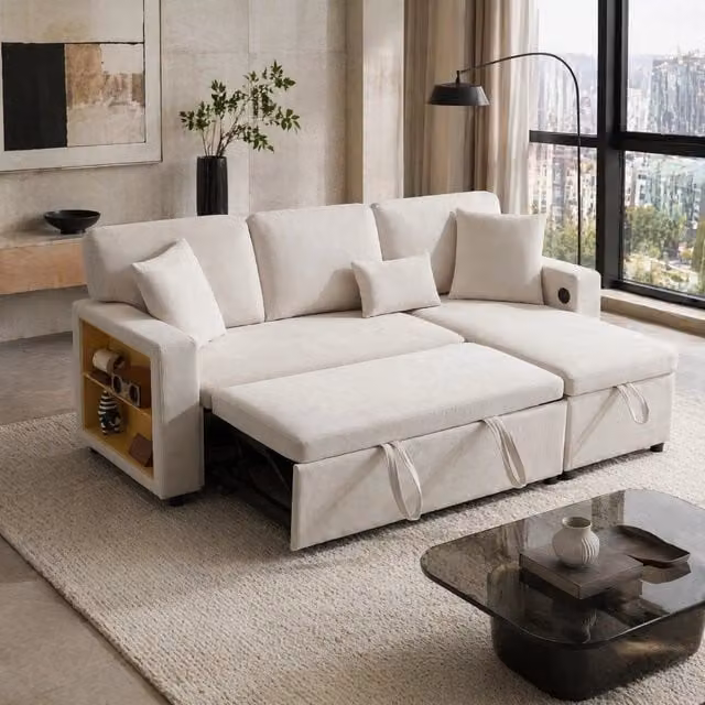 Divano letto angolare con chaise longue reversibile; USB e contenitore; 214 x 131 cm; beige