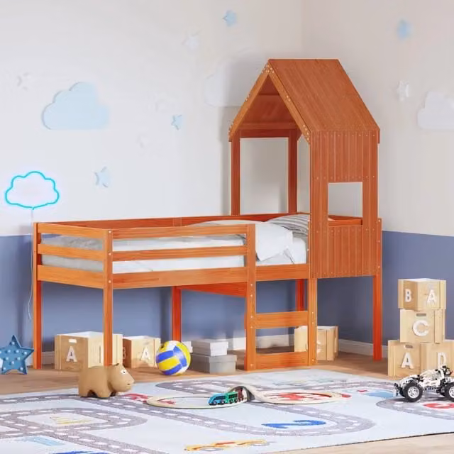 Letto singolo | Letto per adulti | Letto a Soppalco con Tetto Cera 90x190cm Legno Massello di Pino